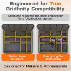 Graphic showing Graphite Modular insert layouts and tools to explain true Gridfinity compatibility across the box top, base, and interior.