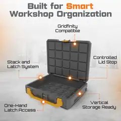Graphite Modular storage box graphic highlighting smart workshop organisation, Gridfinity compatibility, latch system, controlled lid stop, and vertical storage readiness.