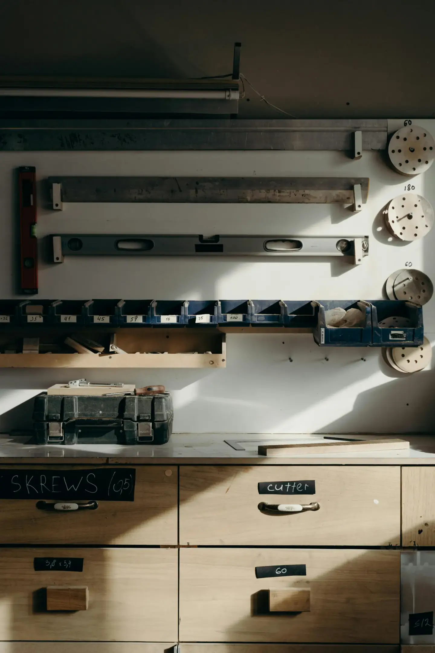 Workshop drawers and labelled storage arranged beneath an organised maker bench