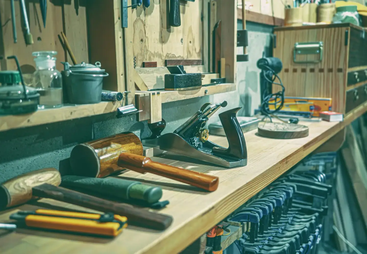 Woodworking bench with neatly arranged hand tools and a practical workshop setup